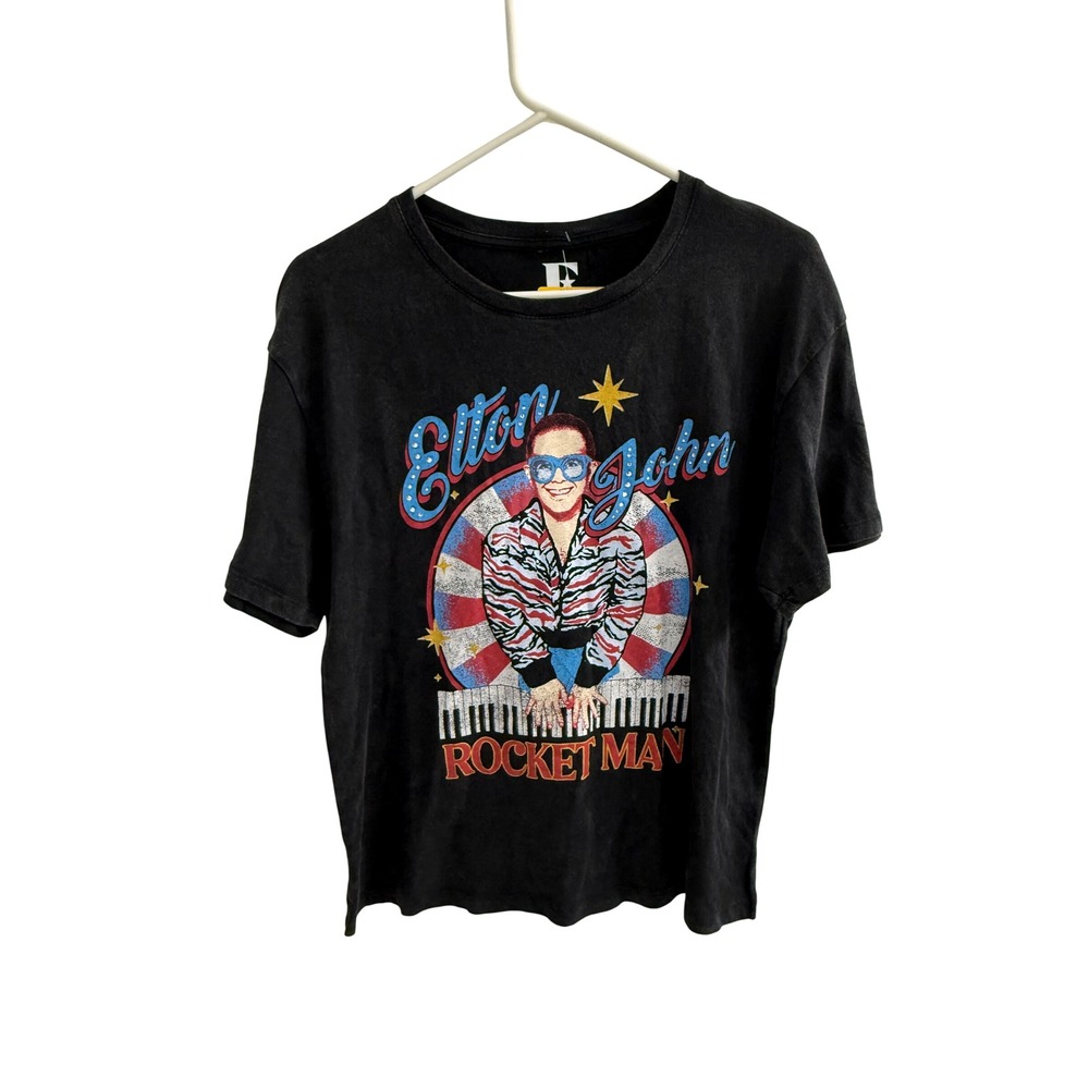 Elton John Rocket Man Graphic T-Shirt Black Washed Band Tee Medium NEW